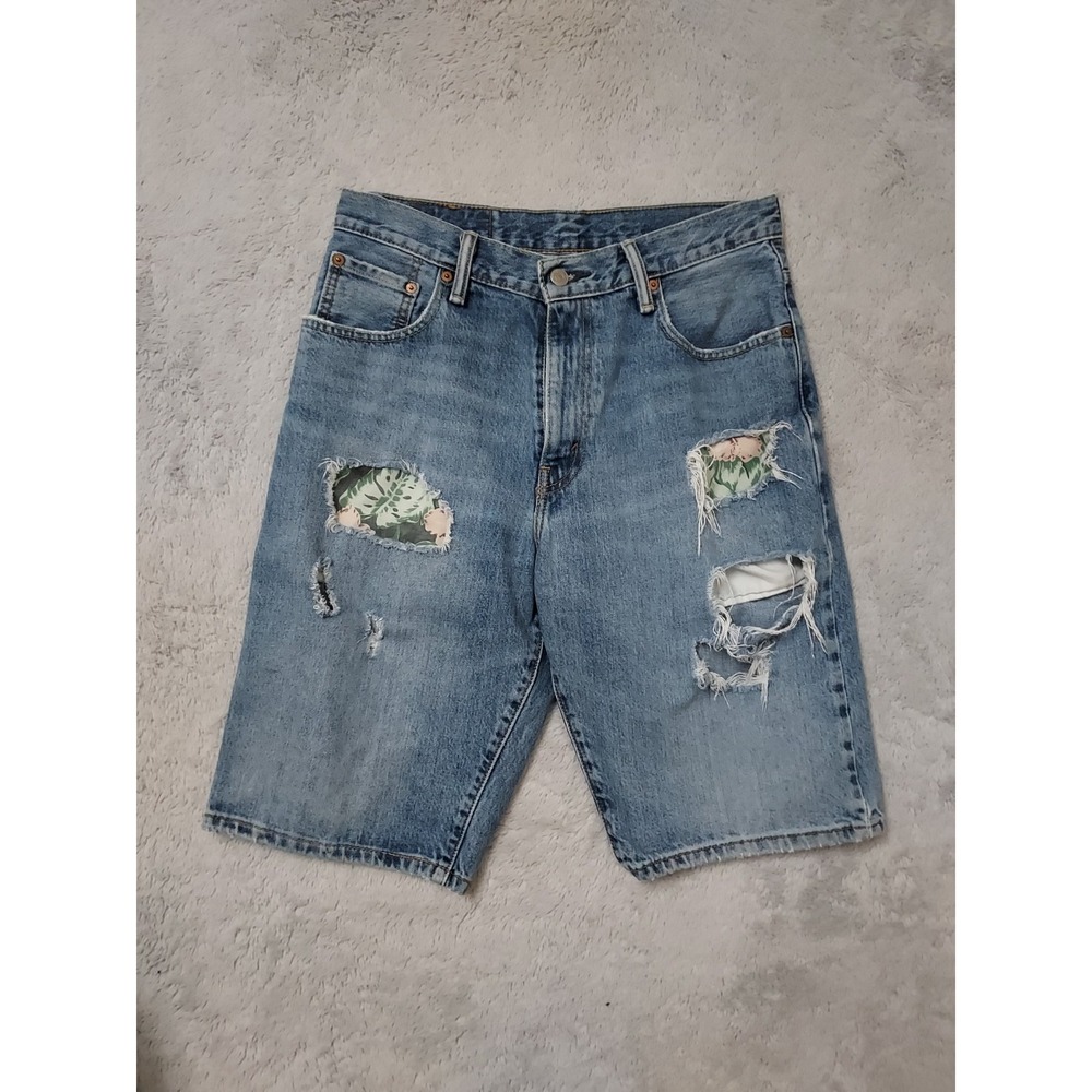 Levis Jean Shorts Mens 30 569 Loose Fit Denim Jorts Distressed Destroyed Blue - Picture 2 of 12